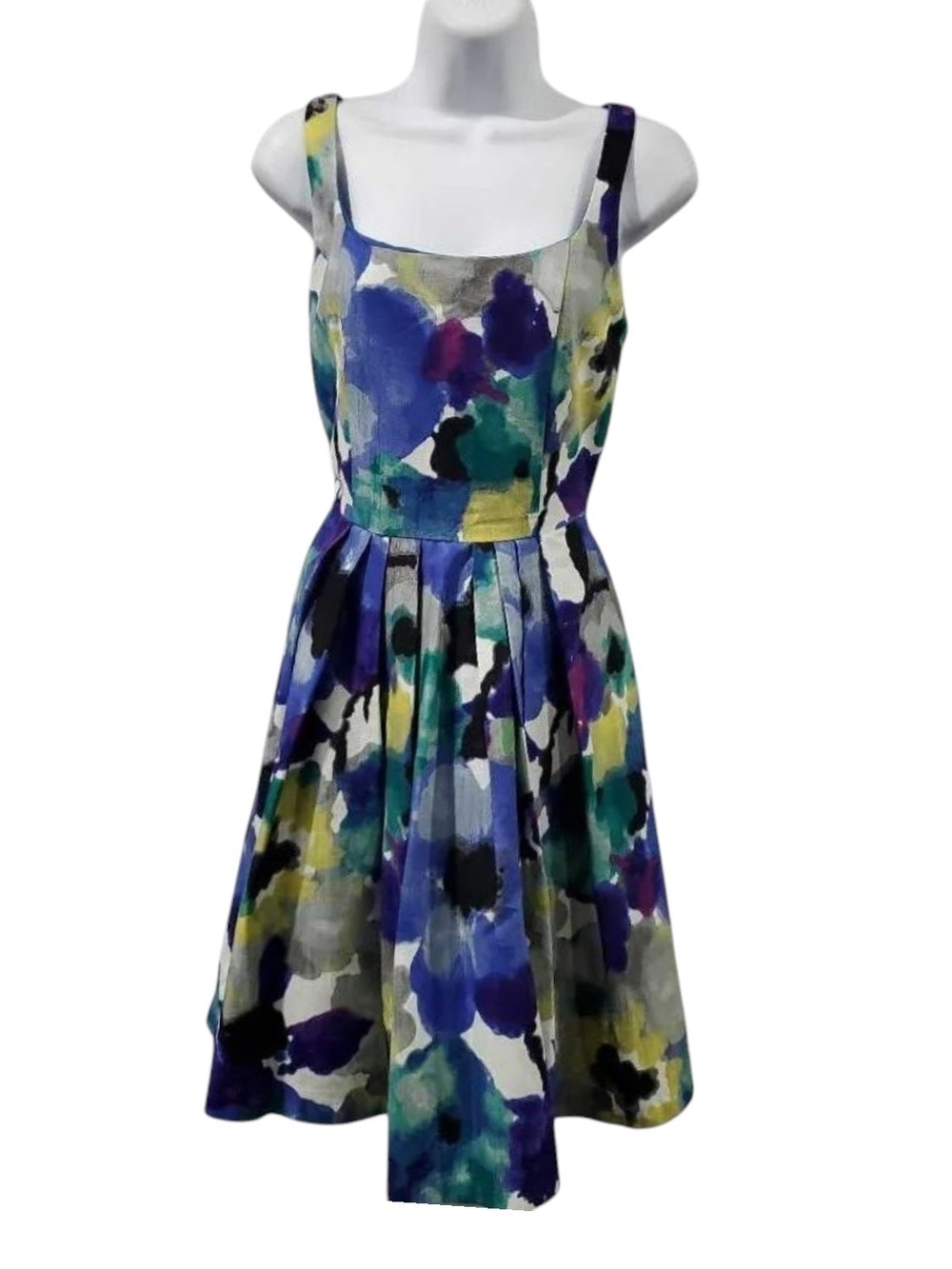 Eva Franco Size 8 Abstract Floral Watercolor Fit-and-Flare Dress Blue Green